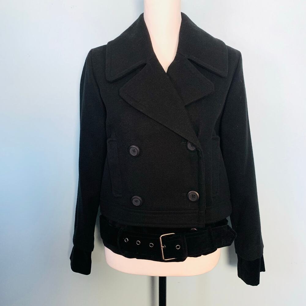 BB Dakota Black Double-Breasted Wool Blend Peacoat with Belt